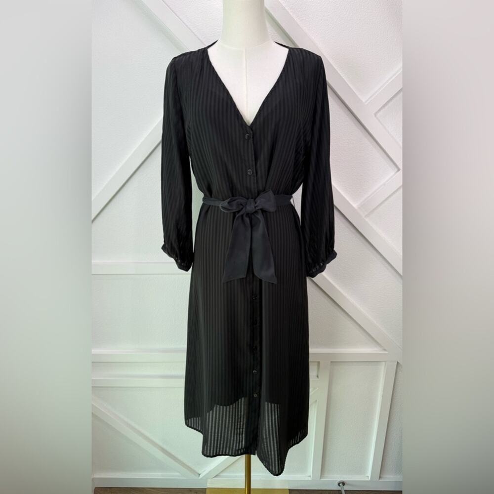 Amour Vert Black Sheer Stripe Dress Silk Tie Waist Tencel Button Front Medium